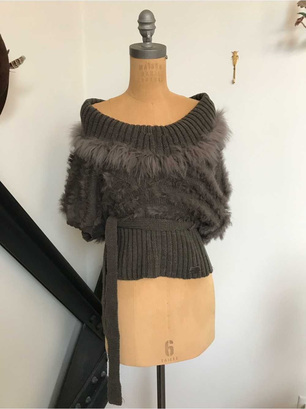 RUDSAK Gray Off-Shoulder rabbit Trim Wrap wool knitted Sweater